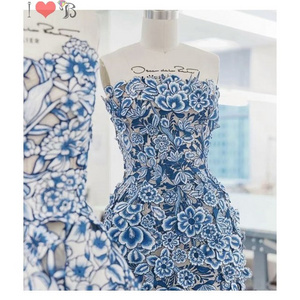 blue with white 3d floral organza embroidery lace fabric for fashion dress handcut 3d floral lace