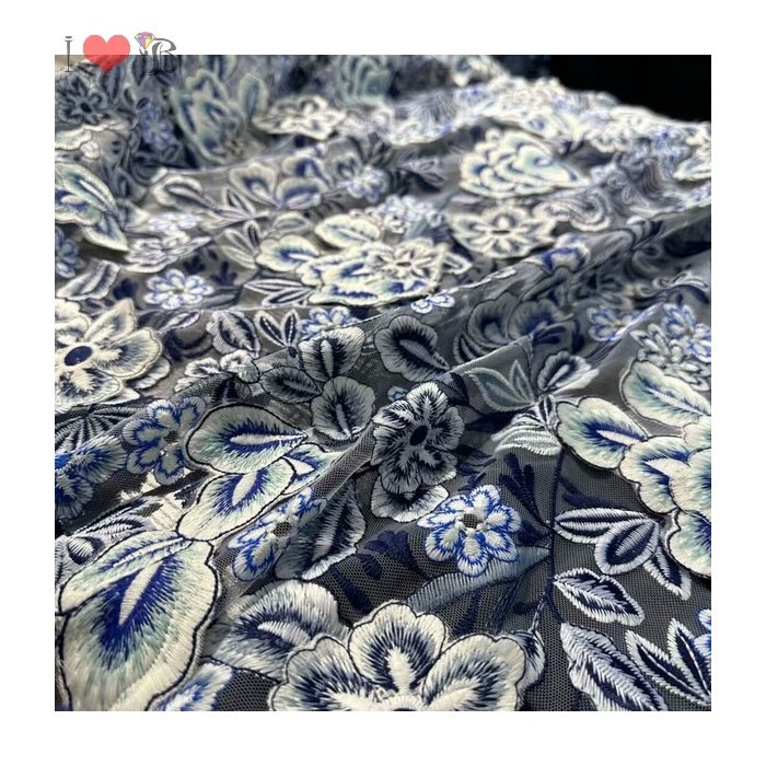 blue with white 3d floral organza embroidery lace fabric for fashion dress handcut 3d floral lace