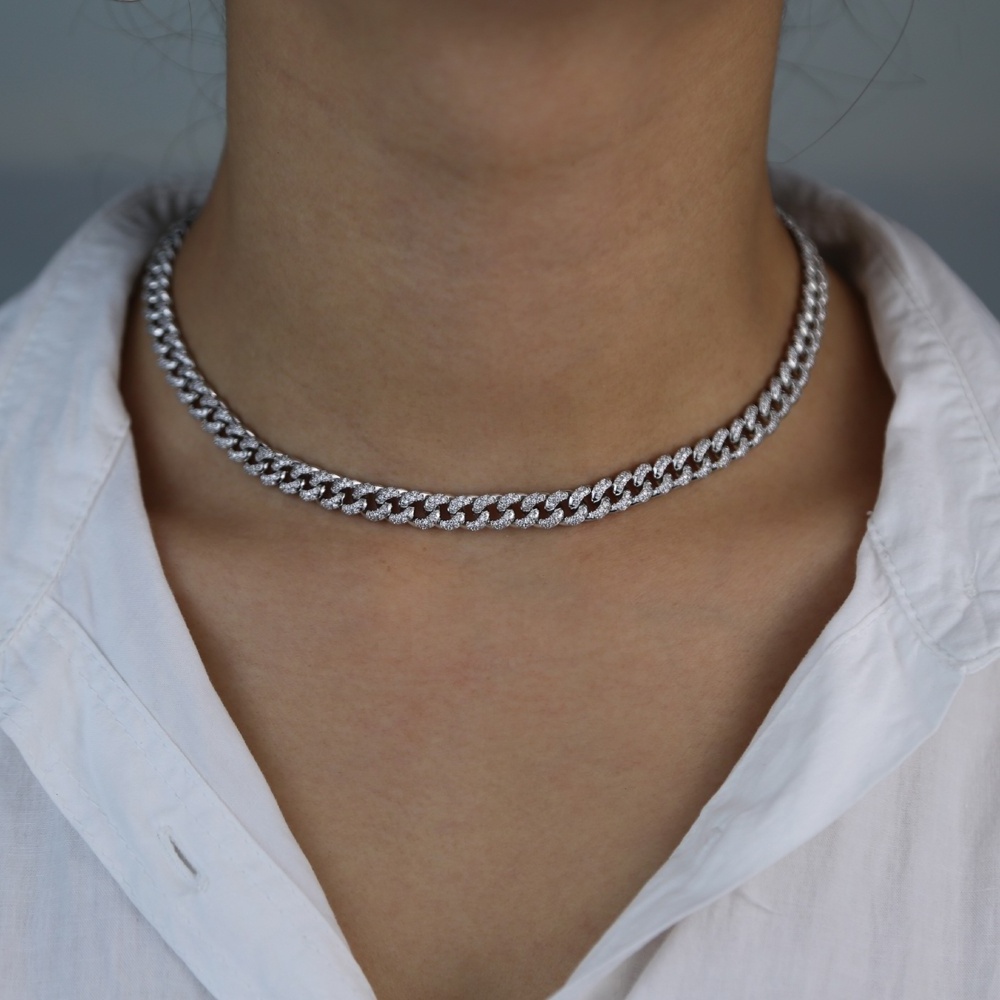 silver plated iced out bling women girl jewelry trendy fashion thin cuban link chain choker necklace