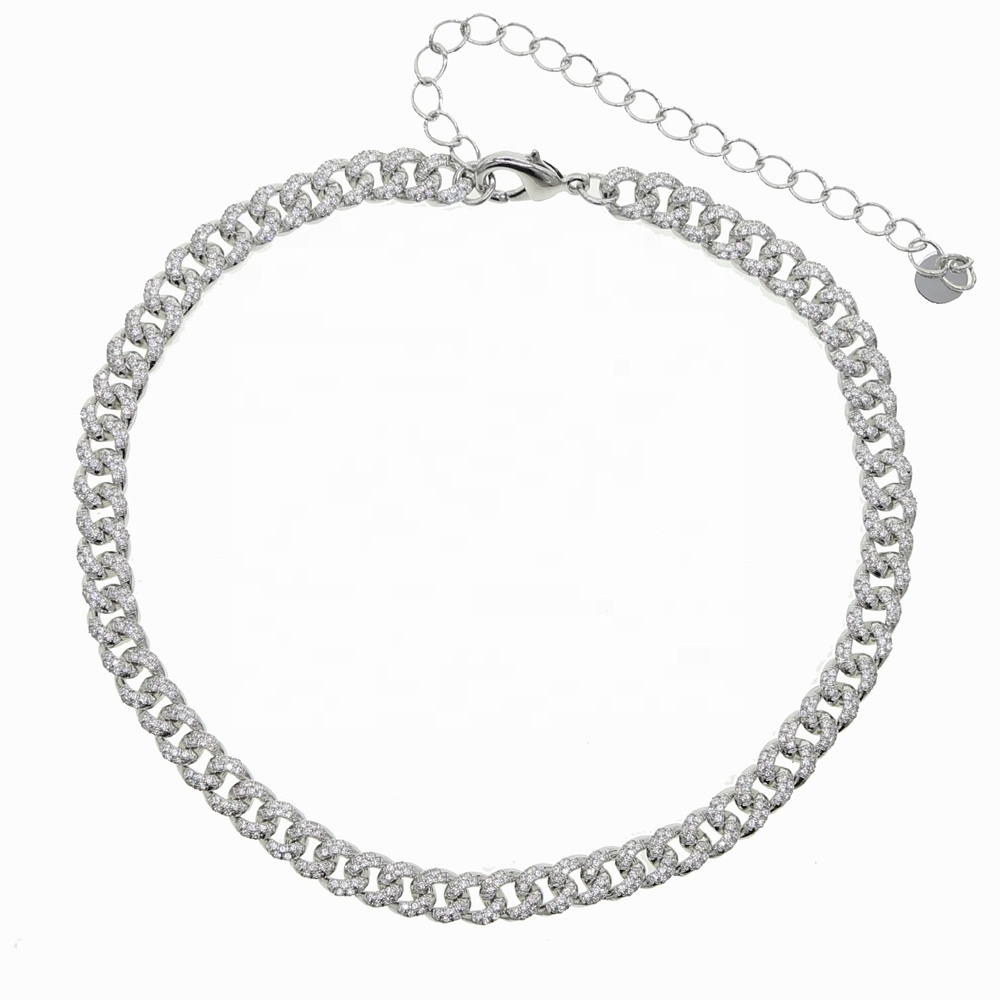 silver plated iced out bling women girl jewelry trendy fashion thin cuban link chain choker necklace