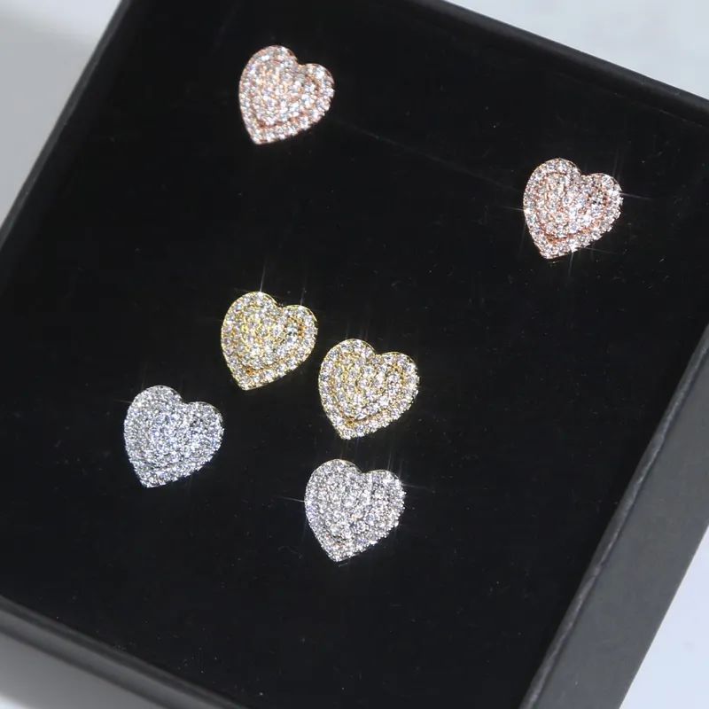 promotion iced out bling wedding engagement women gift micro pave 5a cz heart round shape stud-earring jewelry