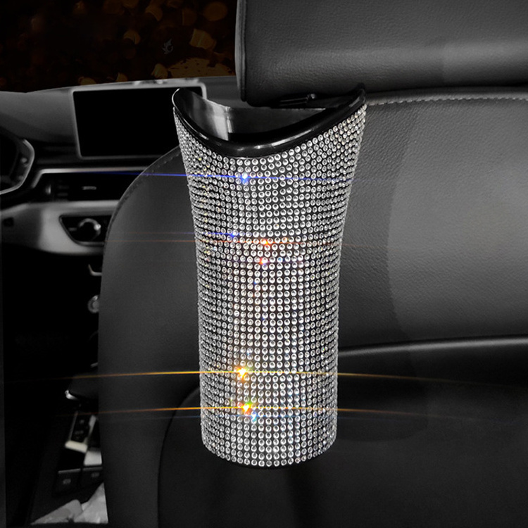 Car Umbrella Holder Storage Box with Bling Rhinestone Decor Backseat Garbage Can Headrest Hanging Organizer Umbrella Storage