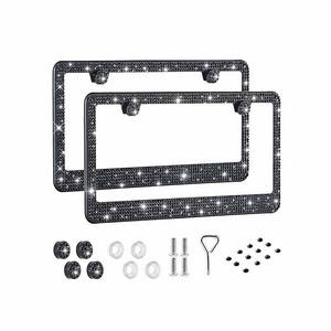 Bling License Plate Frame Sparkly Stainless Steel Rhinestone License Plate Holder Glitter Black Crystal License Plate Cover