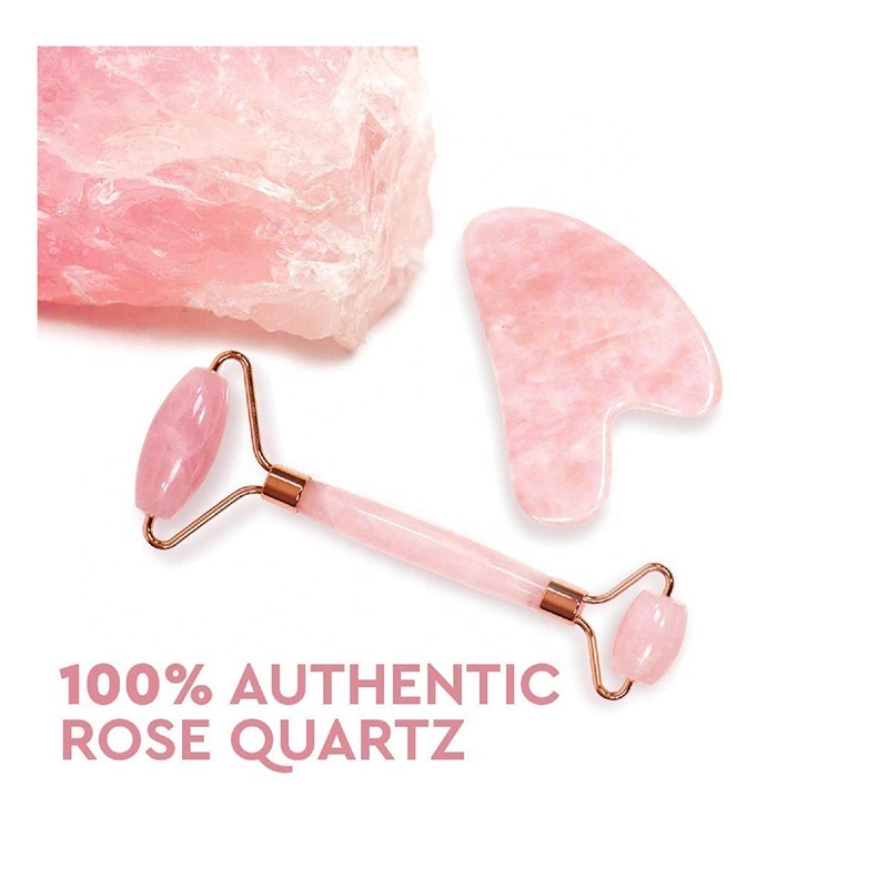 Wholesale new design gift set stone  pink rose quartz eye facial jade roller and gua sha