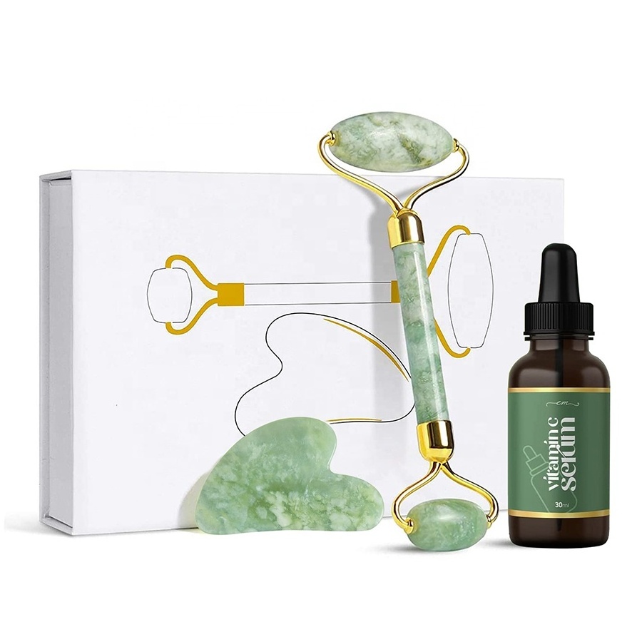 Wholesale Custom Label xiuyan massage facial tools gua sha green jade Roller Set with Vitamin C Serum