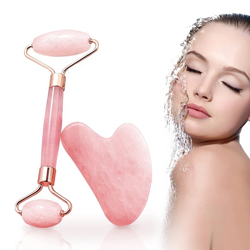 Wholesale new design gift set stone  pink rose quartz eye facial jade roller and gua sha