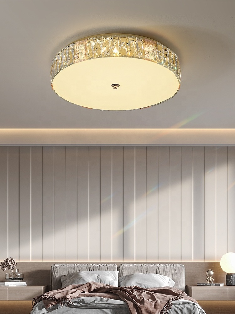 Golden Finish Postmodern Simple LED Bedroom Circular Home Restaurant Lights New Luxury Crystal Ceiling Lamp Indoor Flush Mounts