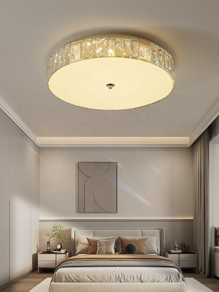 Golden Finish Postmodern Simple LED Bedroom Circular Home Restaurant Lights New Luxury Crystal Ceiling Lamp Indoor Flush Mounts