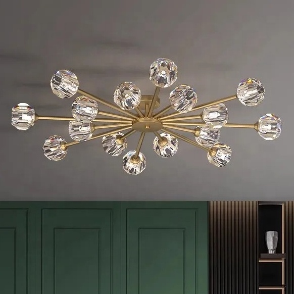 Modern Copper Ceiling Lamp Brushed Antique Luxury Nordic Home Decoration Gold Brass Crystal Flush Mount Ceiling Light Chandelier