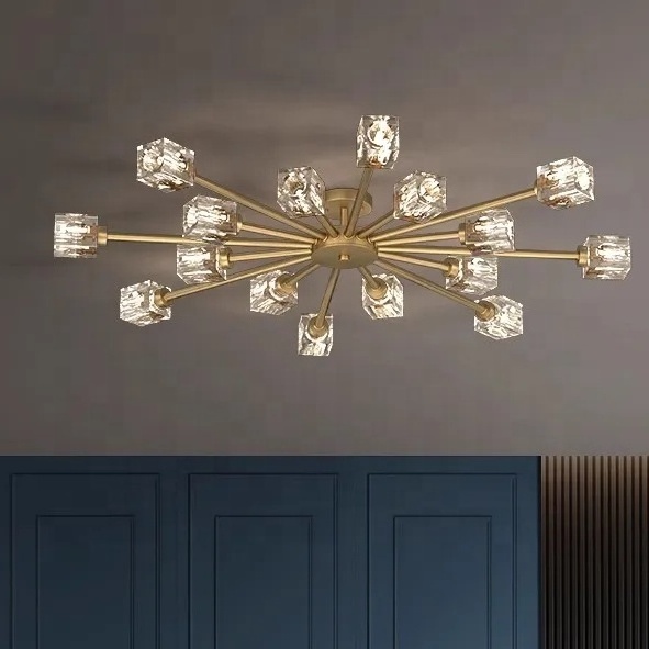 Nordic minimalistic modern lighting design with creative crystal brass LED light study ceiling chandelier luxury flush mounts