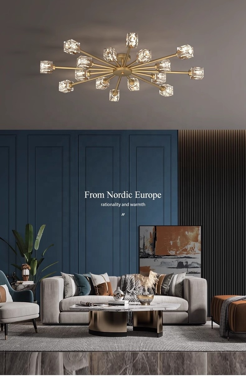 Nordic minimalistic modern lighting design with creative crystal brass LED light study ceiling chandelier luxury flush mounts