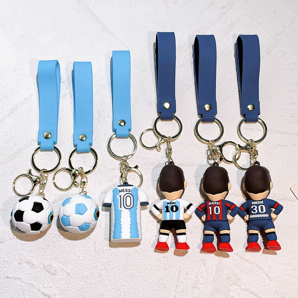 LC305  New Creative Cup Football Messi Jersey Keychain 3D Soft PVC Pendant Bag Decoration Gift Keyring Wrist Strap Key Chain