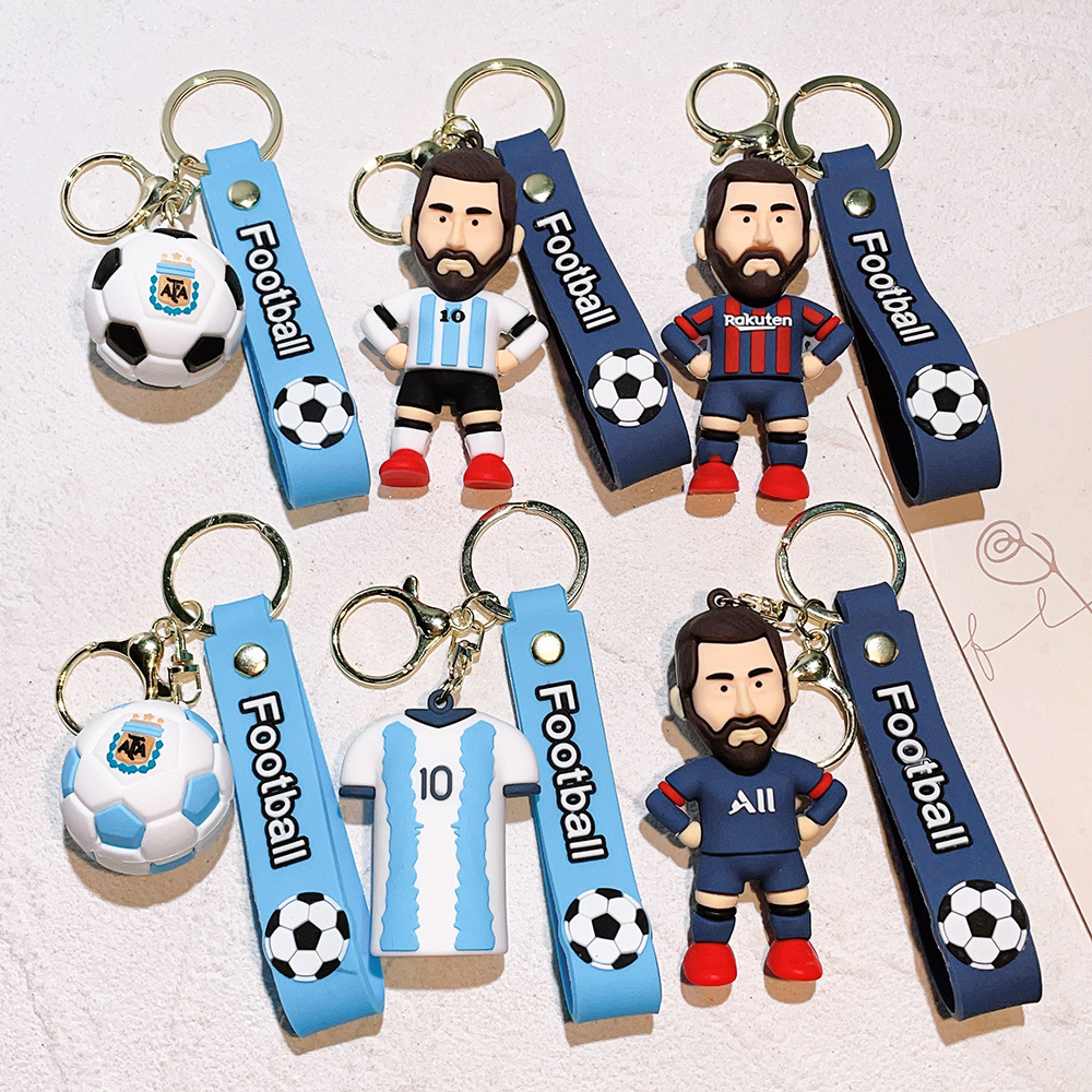 LC305  New Creative Cup Football Messi Jersey Keychain 3D Soft PVC Pendant Bag Decoration Gift Keyring Wrist Strap Key Chain