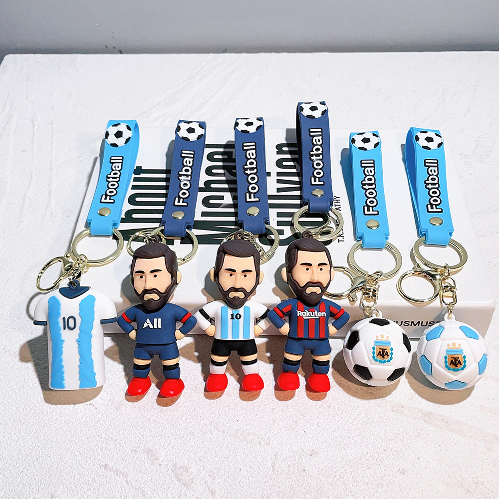 LC305  New Creative Cup Football Messi Jersey Keychain 3D Soft PVC Pendant Bag Decoration Gift Keyring Wrist Strap Key Chain