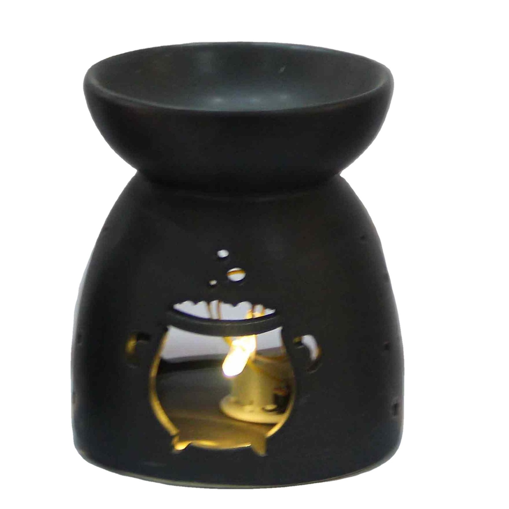 Wholesale Nordic Tea Black Ceramic Wax Melt Warmer Burner Wood with Mother of Pearl Incense Burner Teapot Oil Lantern Warmer