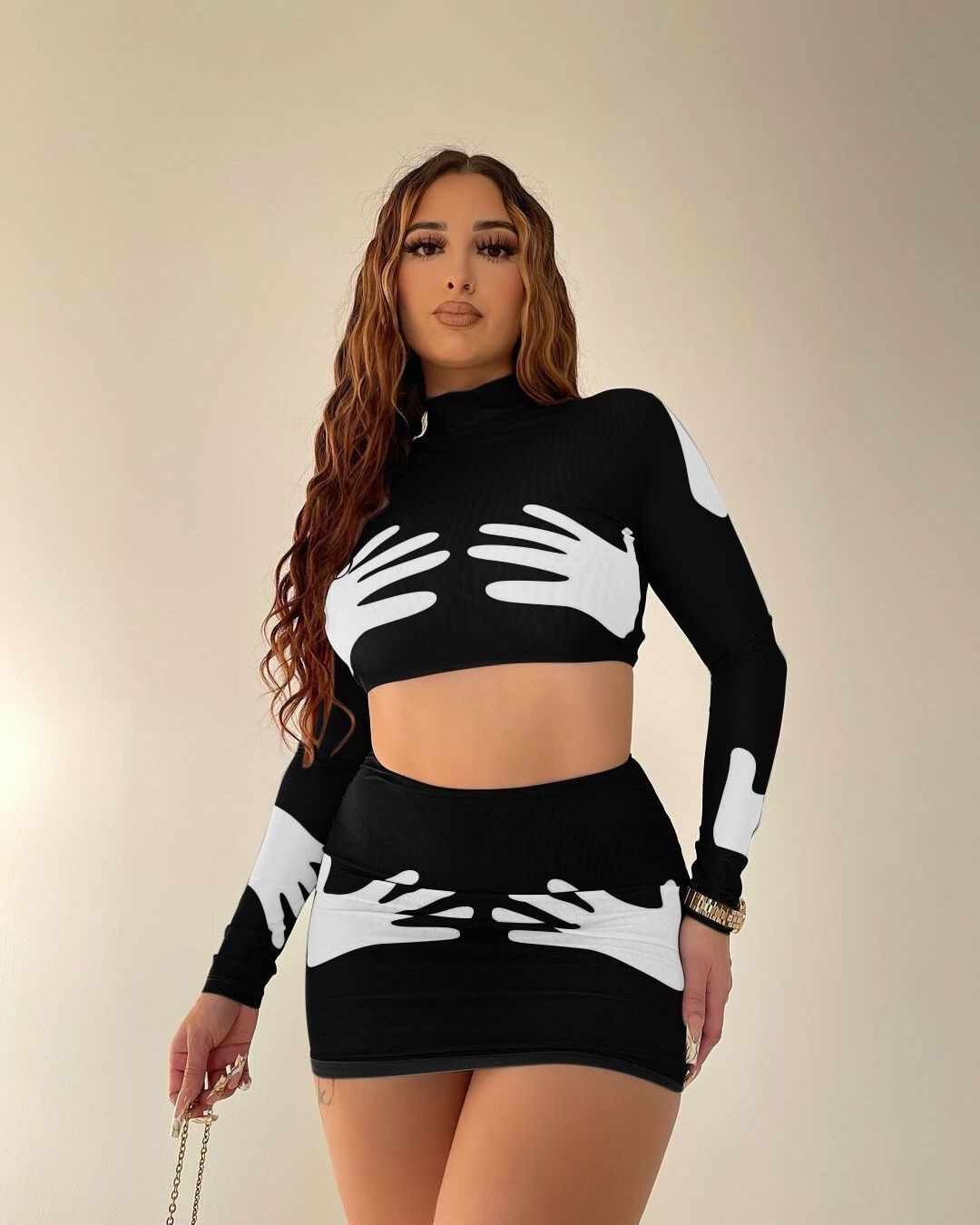 Print Two Piece Set Women Sexy Turtleneck Long Sleeve Bare Midriff Tops+ Skinny Hip Skirt Female Streetwear Outfit