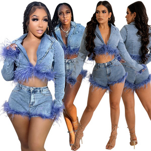 New Arrival Casual Denim Suit Women Fur Denim Patchwork Sets Denim Outfits For Women Two Pieces Skirt Set