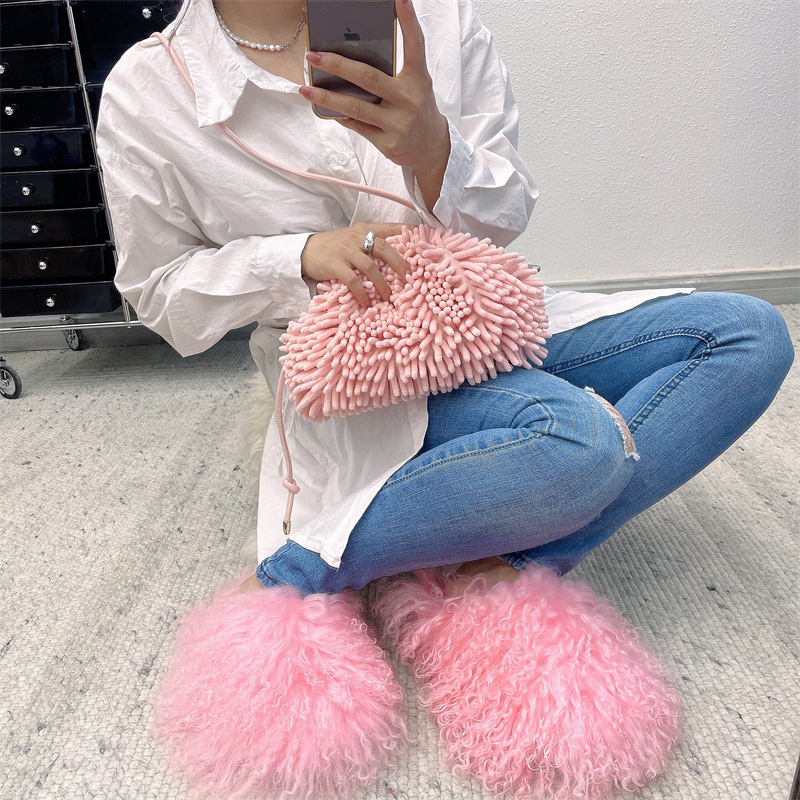 New Designer Long Hair Sheep Fur Slippers Mongolian High quality Fuzzy Fur Slides