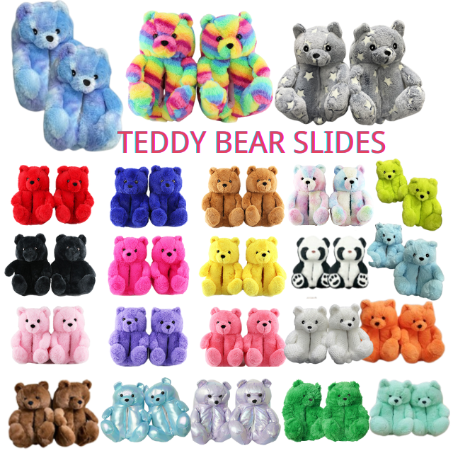 Fashion Design Winter Women Girl Fur Shoes Cute Cartoon Animal Teddy Bear Warm Slippers Bedroom Soft Fur Teddy Bear slides