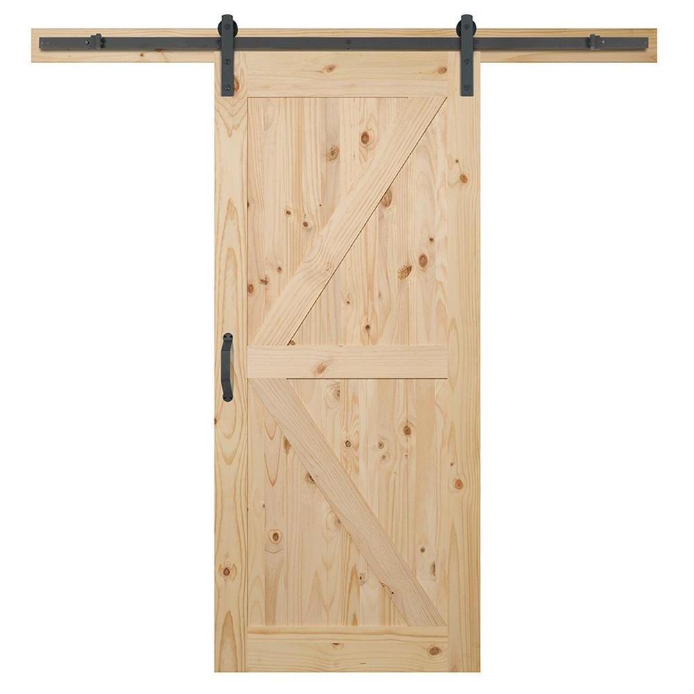 36 in. x 84 in. Rustic Unfinished 2-Panel V-Groove Left Knotty Alder Wood pine Barn Door with Sliding Door barn Hardware kit