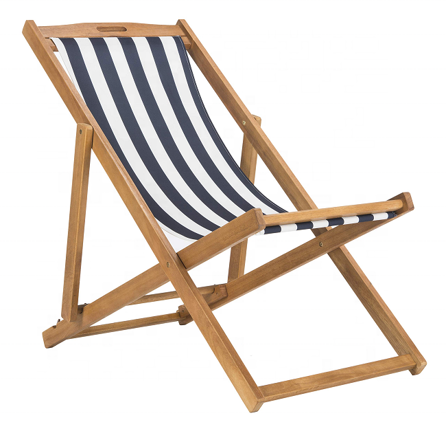 New Arrival Natural Navy Stripe Canvas Outdoor Solid Wooden Folding Sling Chair for Beach