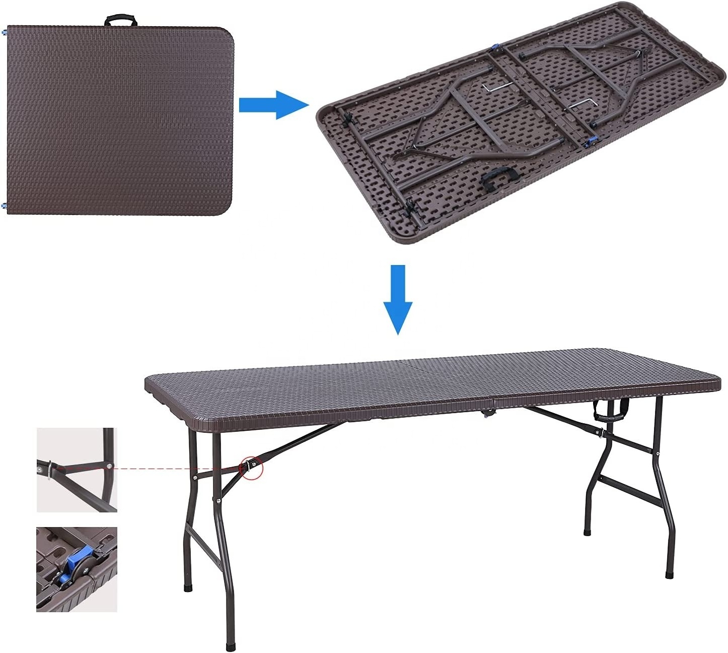 6 FT HDPE Fold in Half Long Portable Rattan Outdoor Black Plastic Folding Picnic Table and Benches