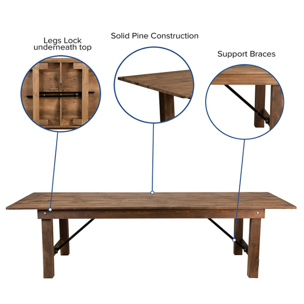 Retro Vinyard Wedding Customized Size Rectangle Wooden Banquet Dining Solid Wood Farm Folding Table for Events