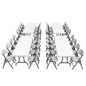 8ft 10people Wholesale Heavy Duty garden party 6ft Rectangular white plastic folding table and chairs set