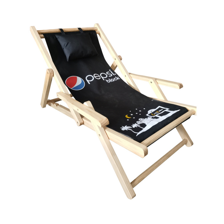 Custom Portable Solid Pine Oxford Outdoor Garden Camping Beach Foldable Wooden Canvas Deck Lounge Sling Chair For Printing