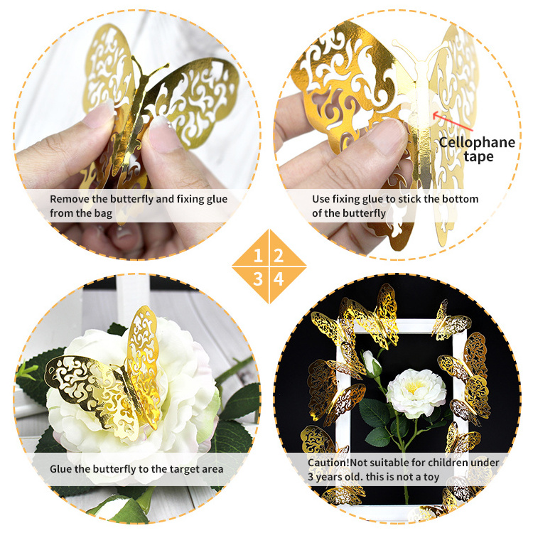 3D 12pcs Gold Hollow-Out Butterfly Wall Decor Stickers Gold butterfly Wall stickers