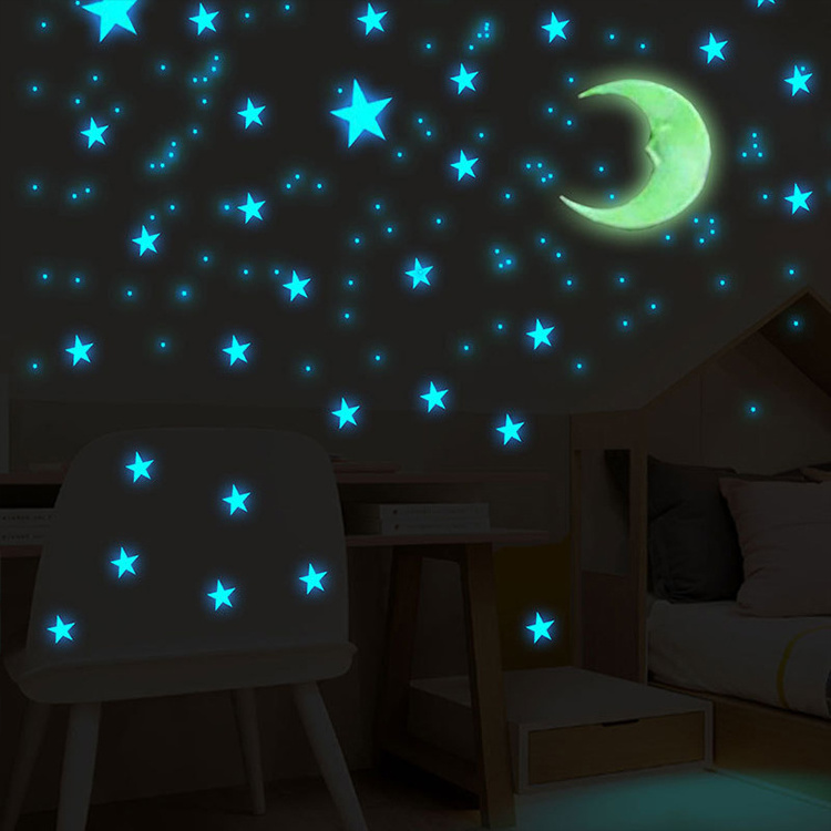 Room Wall Stickers 3d Stars Plastic Glow in the Dark Star Blue Moon for Ceiling