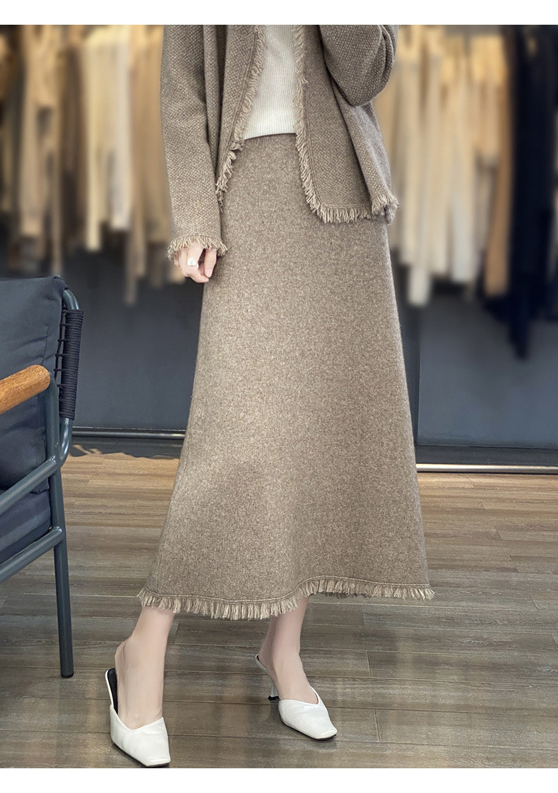 100% pure wool skirt for women 23 autumn and winter mid-length knitted pleated skirt A-line cashmere high-waisted umbrella skirt