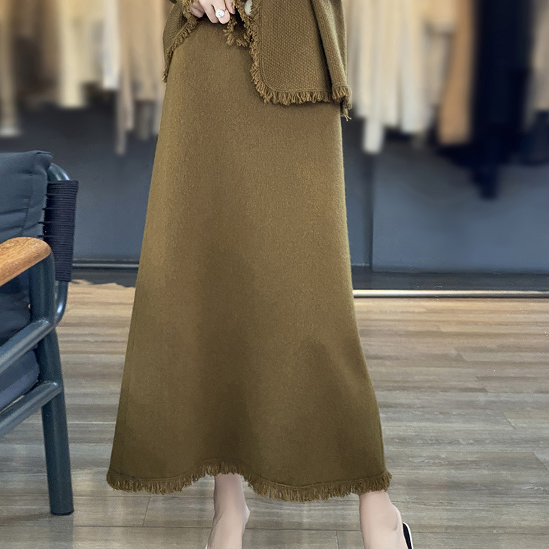 100% pure wool skirt for women 23 autumn and winter mid-length knitted pleated skirt A-line cashmere high-waisted umbrella skirt