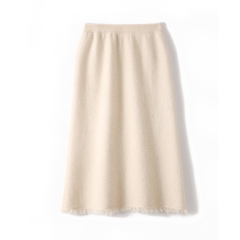 100% pure wool skirt for women 23 autumn and winter mid-length knitted pleated skirt A-line cashmere high-waisted umbrella skirt