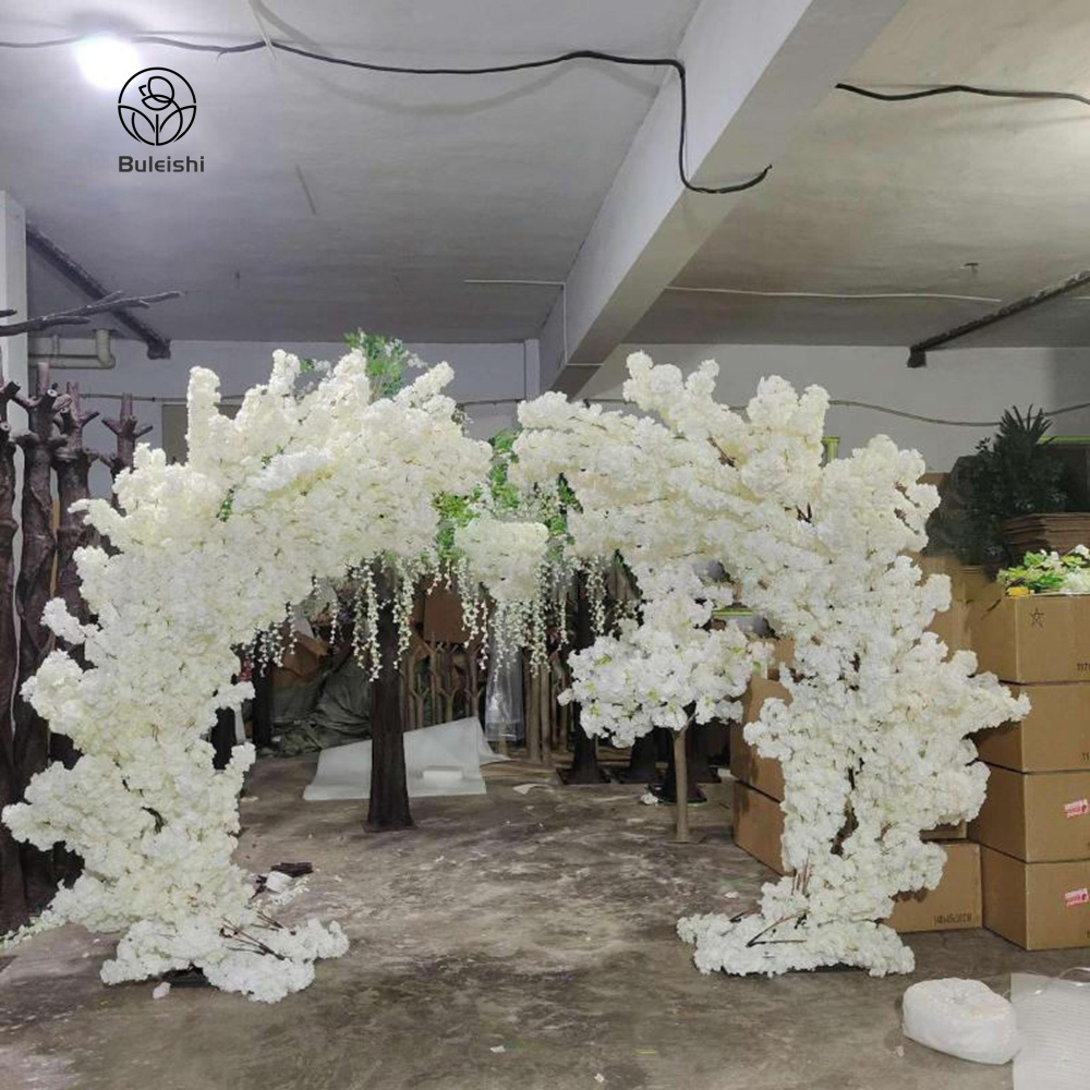 Moon Shape Beige White Flower Arch Set Cherry Tree Indoor Outdoor Wedding Decorative Arch Artificial Cherry Blossom