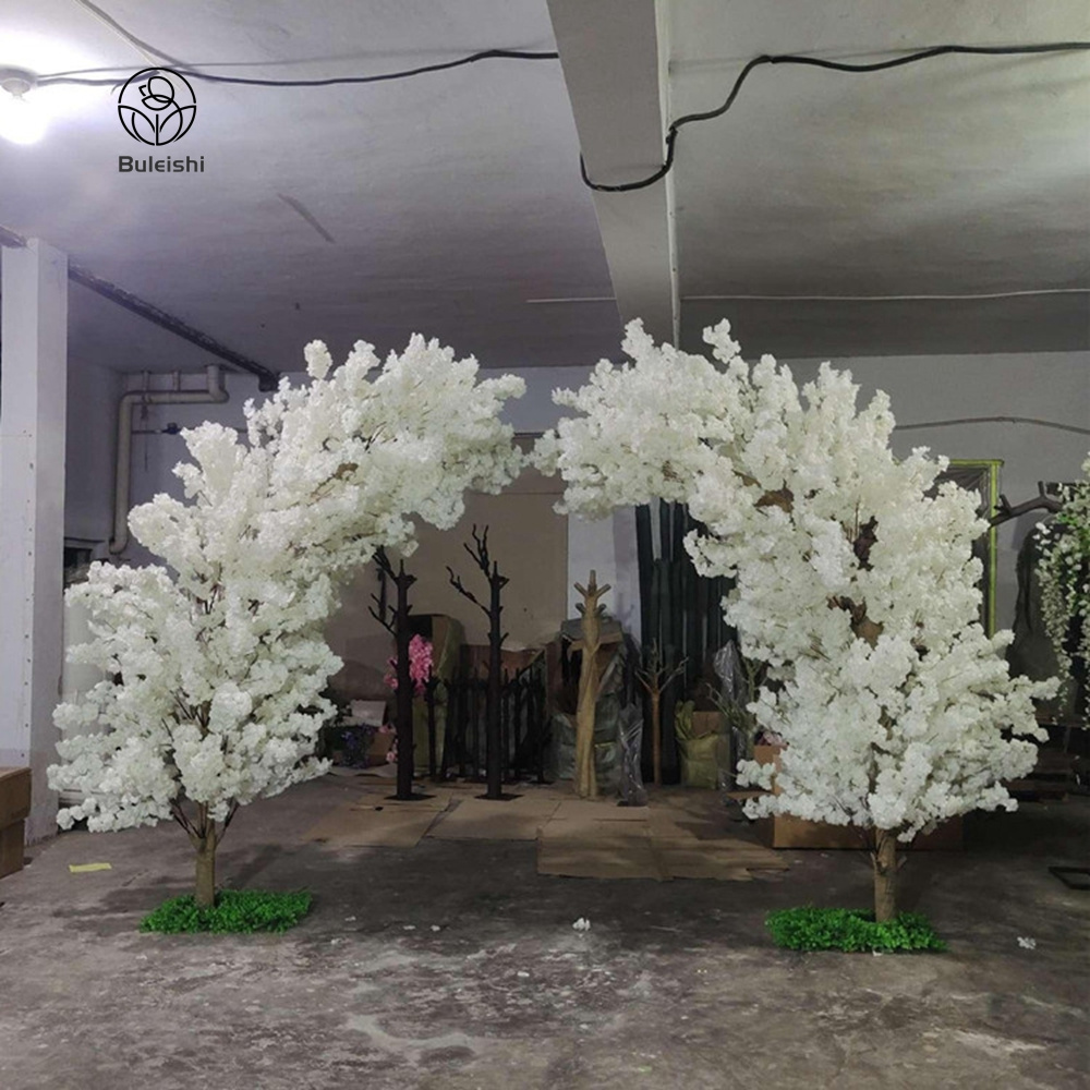 Moon Shape Beige White Flower Arch Set Cherry Tree Indoor Outdoor Wedding Decorative Arch Artificial Cherry Blossom