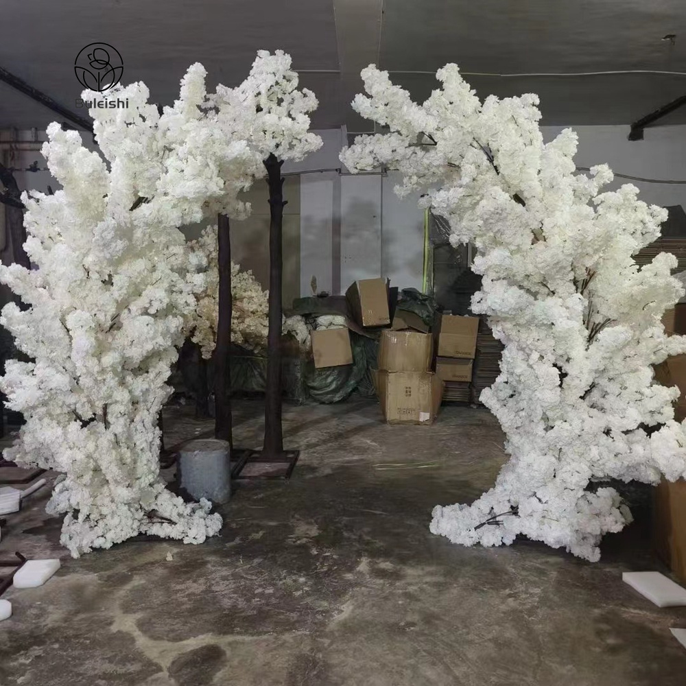 Moon Shape Beige White Flower Arch Set Cherry Tree Indoor Outdoor Wedding Decorative Arch Artificial Cherry Blossom