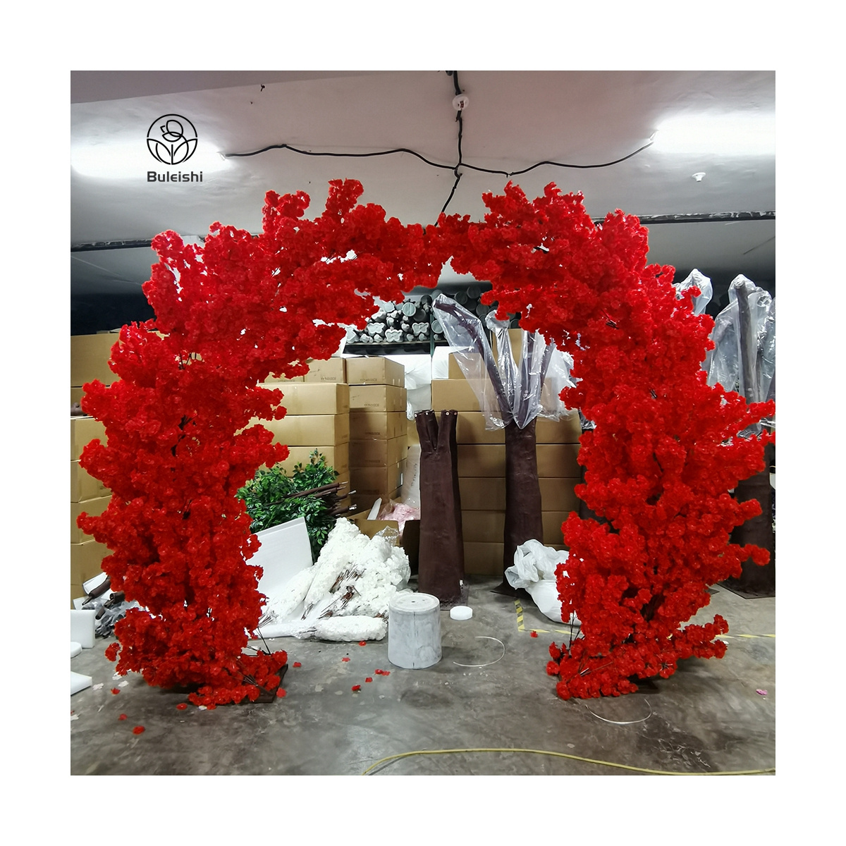 Bright Red Flower Arch Backdrop Flower Tree Large Wedding Backdrop Flower Decoration Moon Shape Cherry Blossom Tree