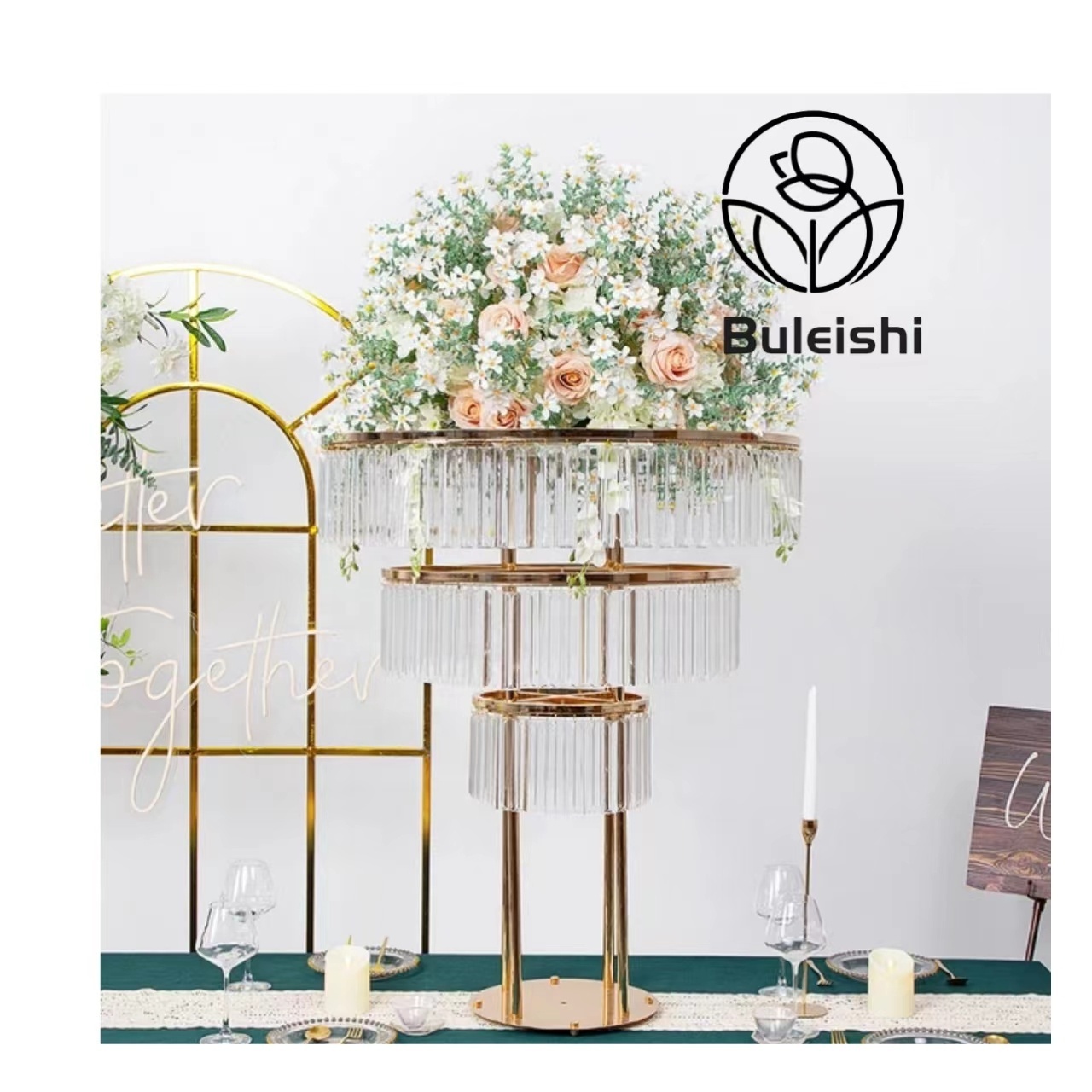 Metal Tall Artificial Flower Stand Wedding Decoration Gold Candelabra Crystal Centerpieces