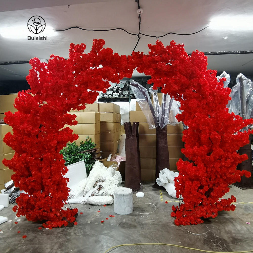 Bright Red Flower Arch Backdrop Flower Tree Large Wedding Backdrop Flower Decoration Moon Shape Cherry Blossom Tree