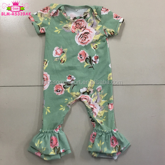 Wholesale Baby Girls Romper Short Sleeve Double Ruffle Leg Toddler Jumpsuit Cotton Ruffle Baby Rompers