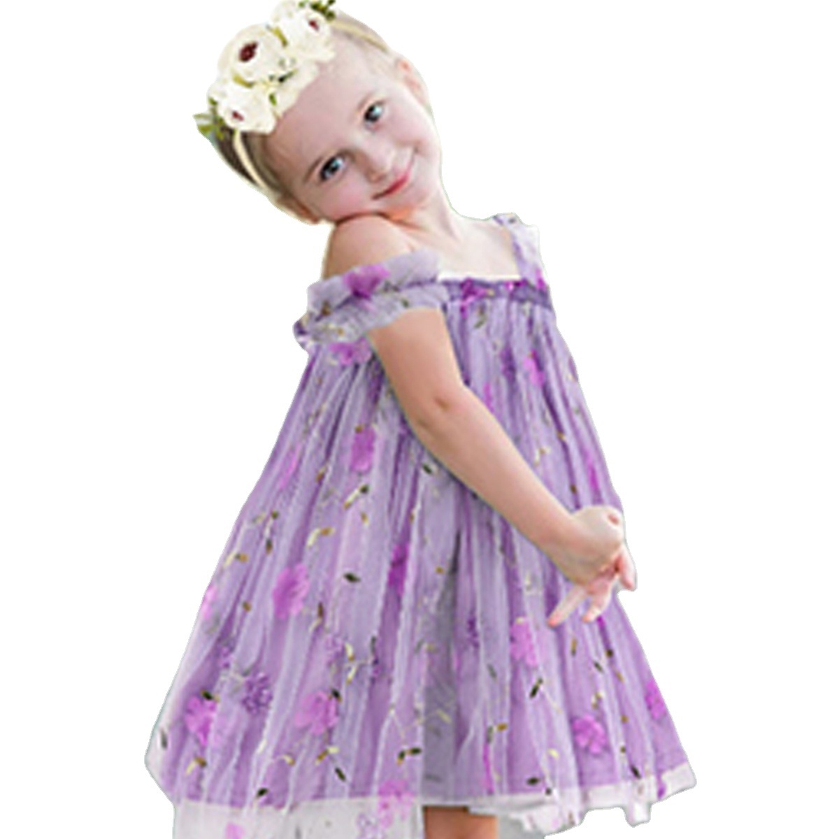 Tulle Wedding Dress Toddler Sleeveless Floral Print Layered Tulle chiffon Little Girl Princess Dresses with Flower Headband