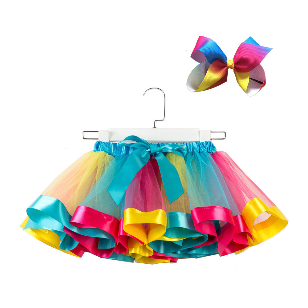 Princess Kids Girls Tulle Dress Layered Rainbow Fluffy Tutu Skirt With Bow Headwear