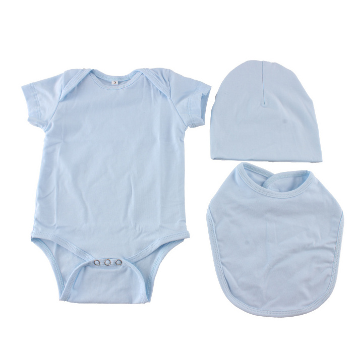 Wholesale children kids baba suit plain white romper+bib+hat 3pcs baby clothing layette sets