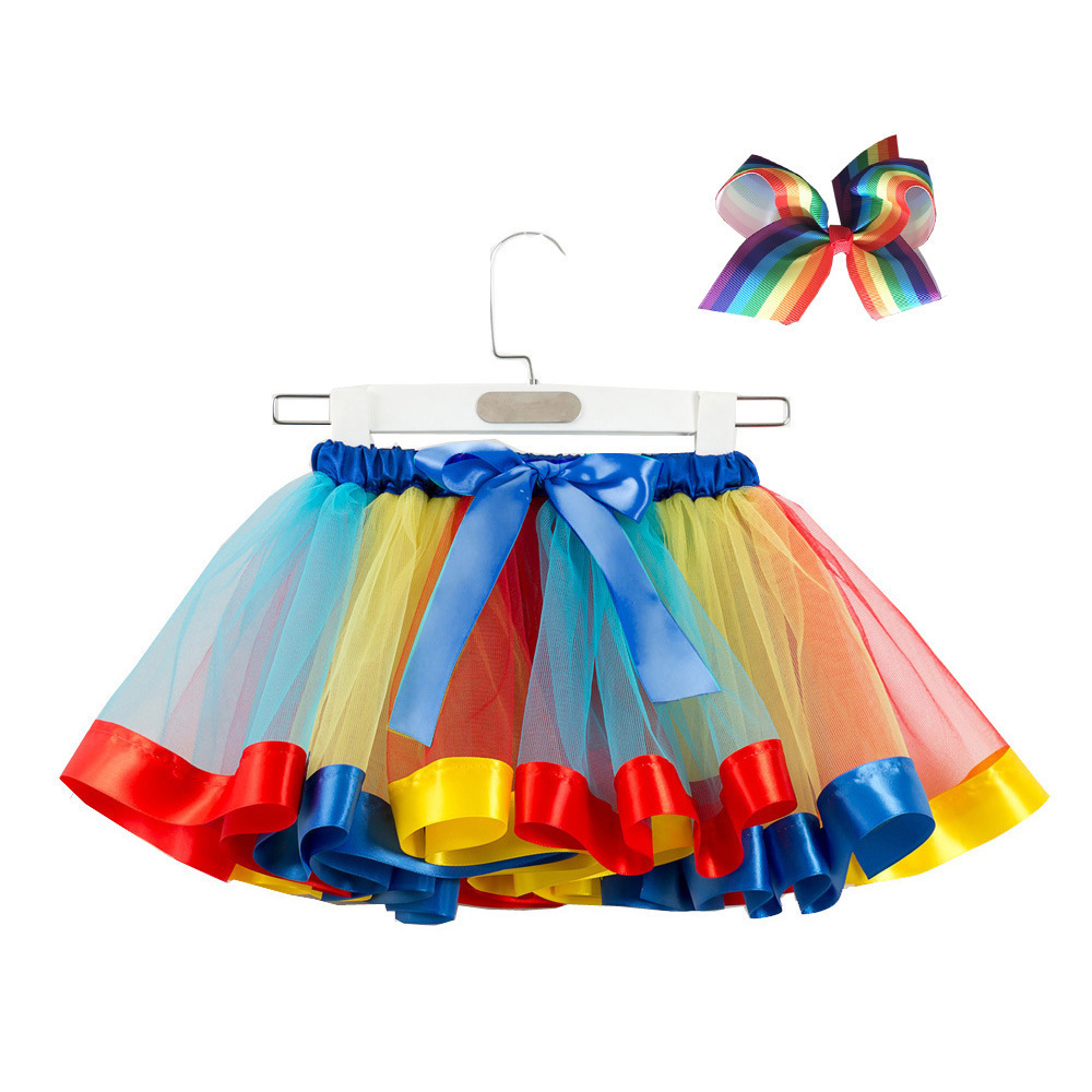 Princess Kids Girls Tulle Dress Layered Rainbow Fluffy Tutu Skirt With Bow Headwear