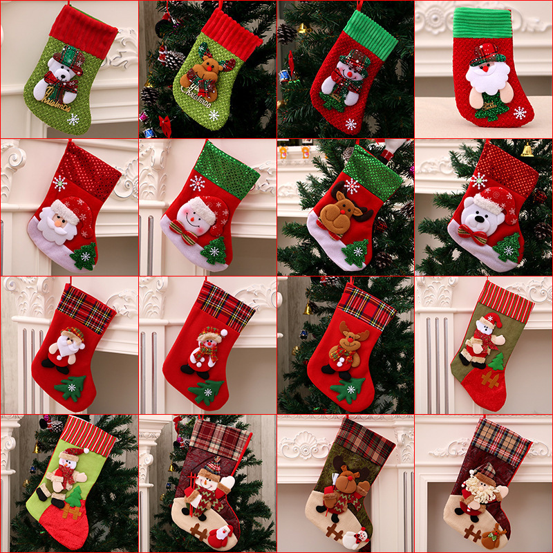 Christmas Stockings 3D Santa Snowman Reindeer Character Pattern Hanging Socks Christmas Tree Ornaments Candy Gift Bag Stockings