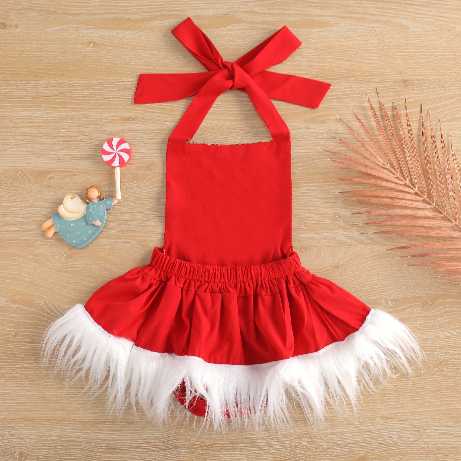 New Kids Belt Pattern Faux Fur Backless Baby Girl Tulle Tutu Skirt Dress Romper Christmas Santa Baby Sequin Halter Bubble Romper