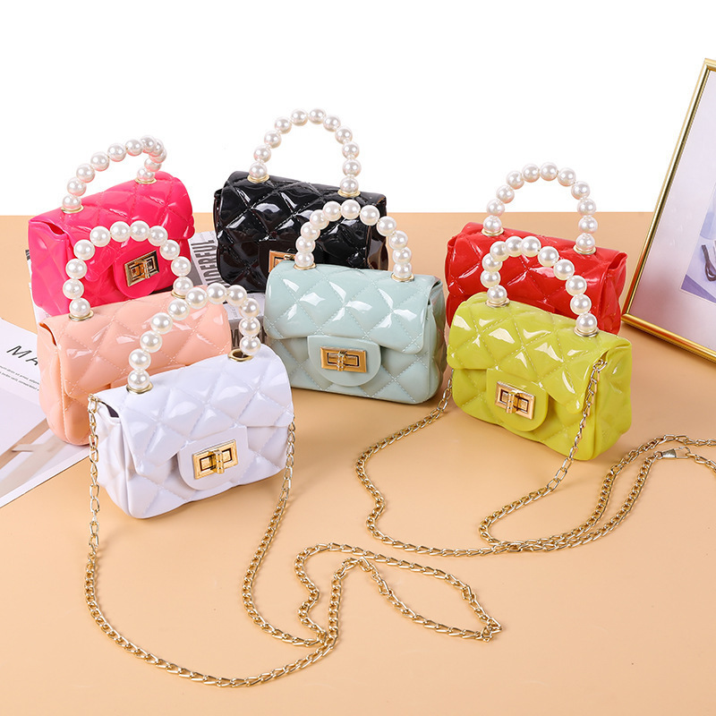 2023 Candy Color Women Girls Jelly Purses And Handbags Crossbody Kids Mini Jelly Pearl Bag with Pearls Handle Chain Strap