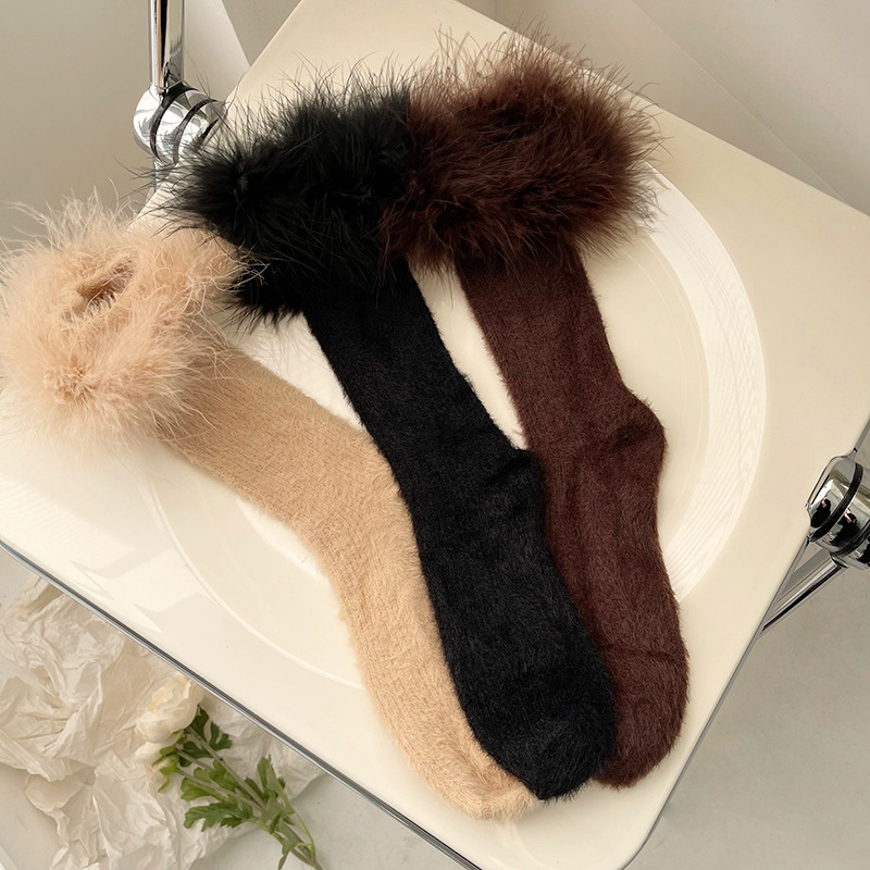 New Y2K Women Faux Fur Cuff Knee High Socks Fuzzy Boot Socks Stockings Soft Fluffy Feather Fur Trim Socks for Women