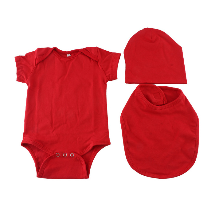 Wholesale children kids baba suit plain white romper+bib+hat 3pcs baby clothing layette sets